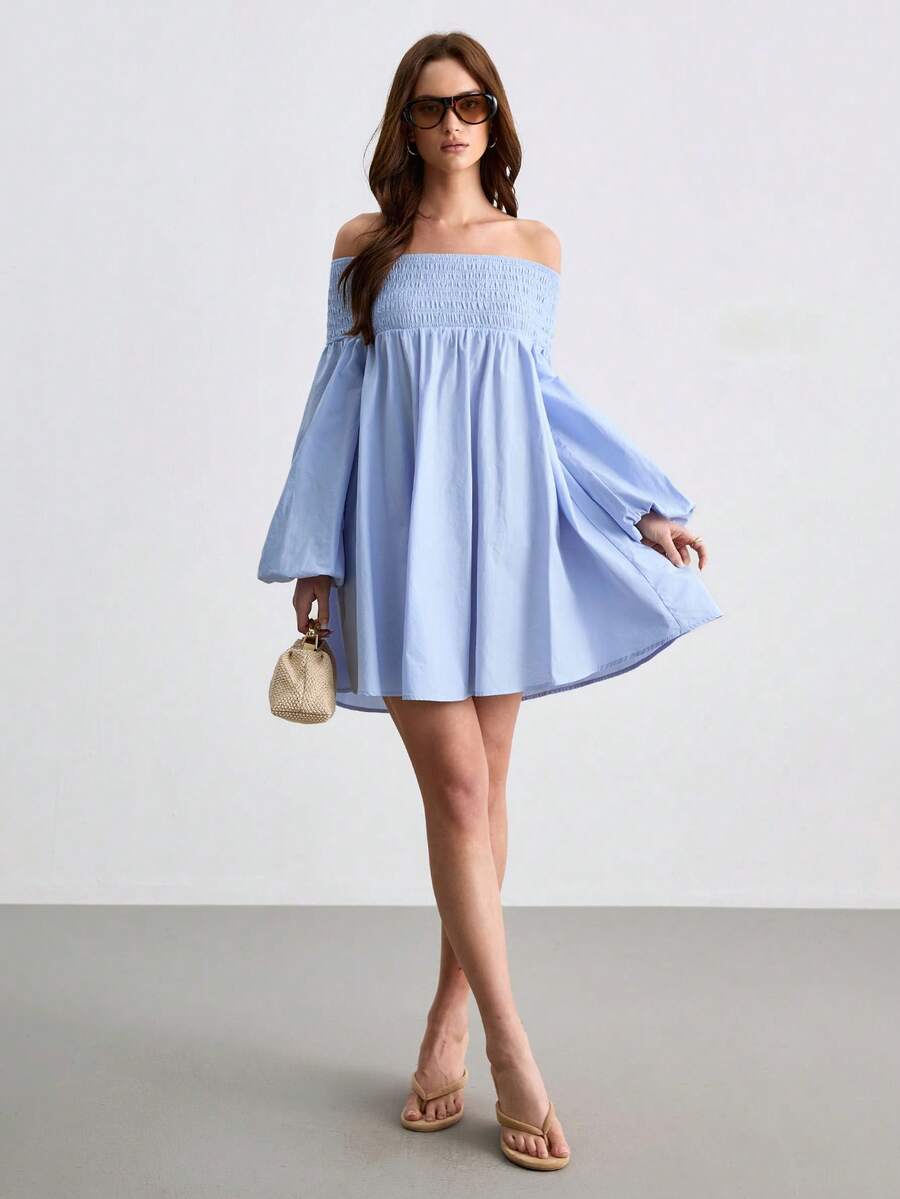 CielaLinda Robe mini à manches longues et épaules dénudées pour femmes - Bleu azur - Voir 1