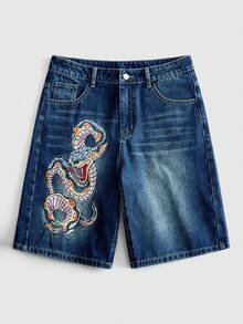 ROMWE MEN Street Life Men's Casual Denim Shorts With Pockets And Snake Pattern, Suitable For Daily Wear - Blue - View 6
