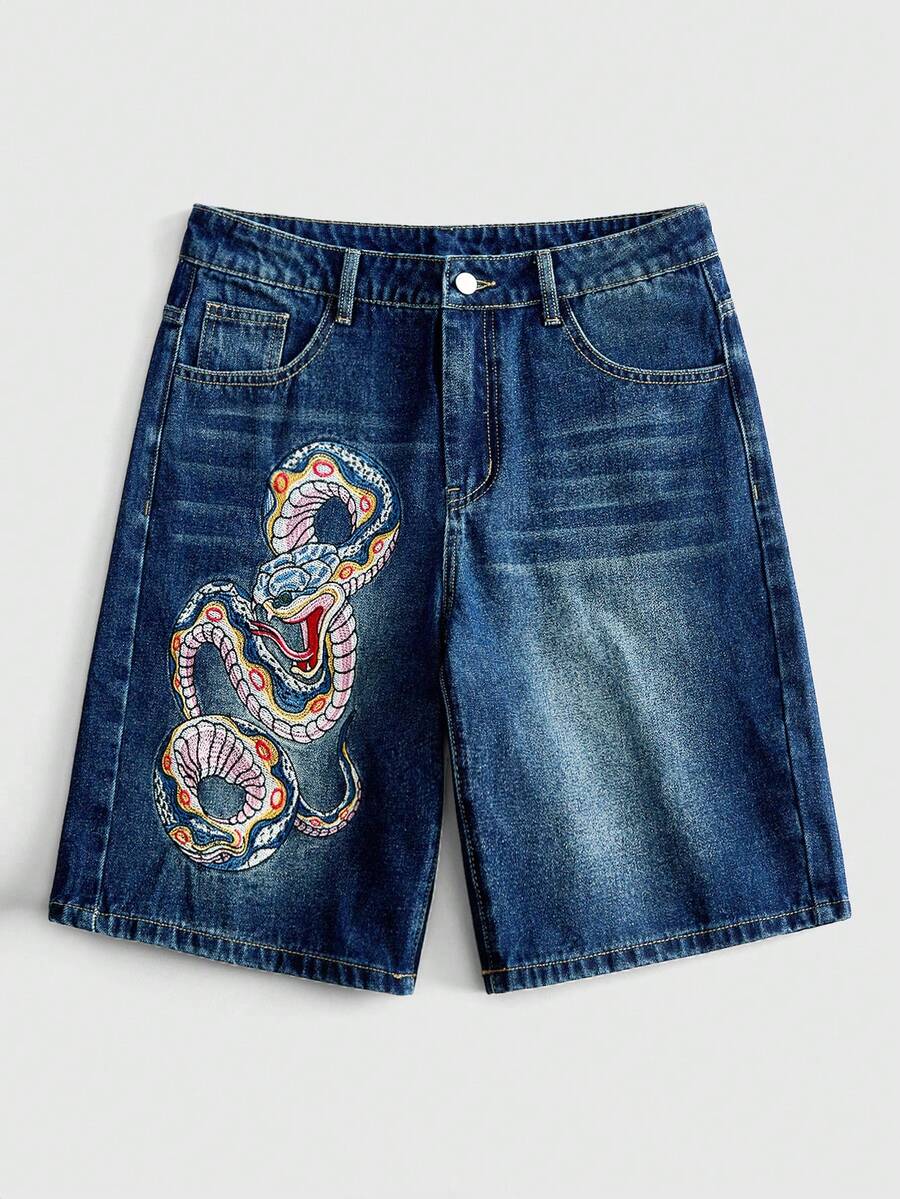 ROMWE MEN Street Life Men's Casual Denim Shorts With Pockets And Snake Pattern, Suitable For Daily Wear - Blue - View 1