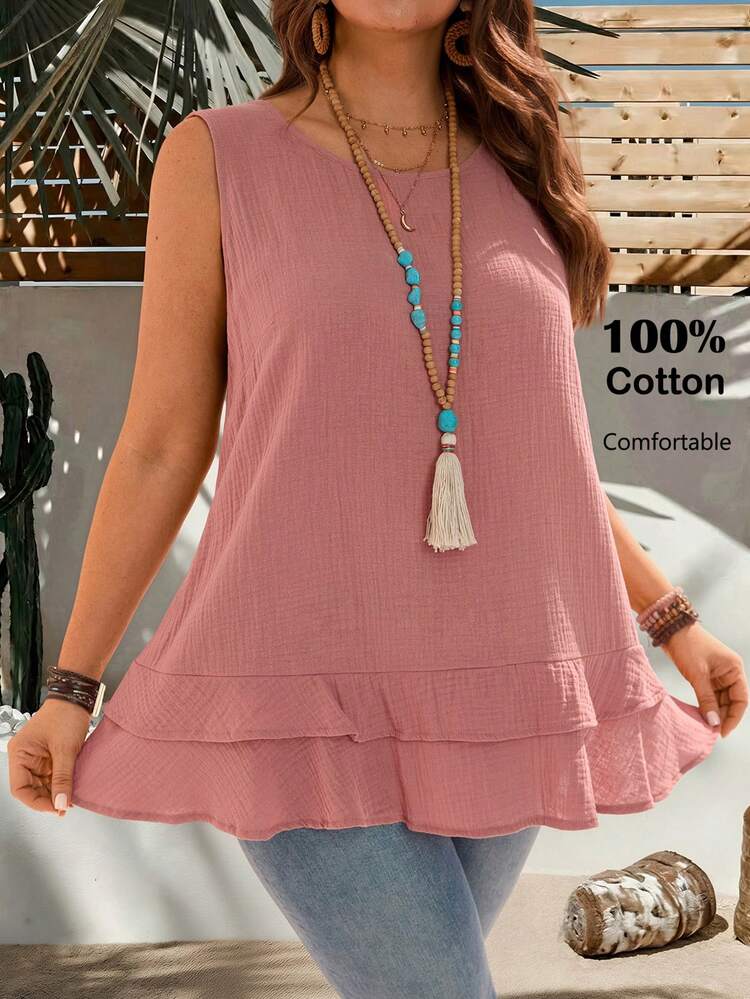 Plus Size Women's Summer Casual Vacation Country Solid Color Simple Everyday Style Round Neck Sleeveless Pink Tank Top Vest,Casual Holiday Style,Summer Outfits For Women ,Vacation Outfits Women ,Holiday Outfits For Women,Going Out Outfits, New Clothes,Simple And Fashionable For Everyday Wear,Suitable For Summer, Vacation, Daily Wear, Festival Outfits For Women,Country Concert Outfit,Beach Outfits For Women,Western Style,,Gifts For Mother,Boho  Top