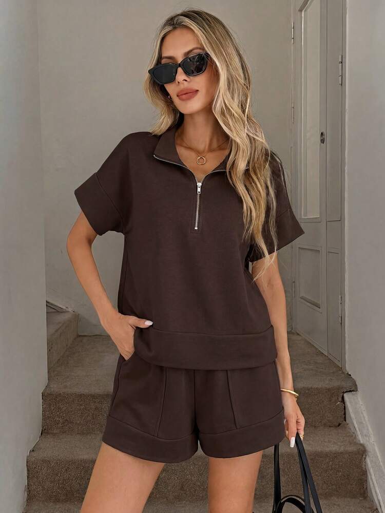 Easowa Bộ 2 món dành cho nữ, gồm áo polo cổ bẻ dáng rộng có khóa kéo và quần palazzo ống rộng có túi, kiểu dáng công sở. - màu nâu - Xem 4