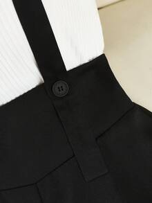 GlowEve 女士新款黑色斜纹面料法式优雅时尚高腰直筒宽松休闲日常百搭连体裤，女士背带裤，优雅连体裤，日常连体裤，通勤连体裤，休闲连体裤 - 黑色 - 查看 4