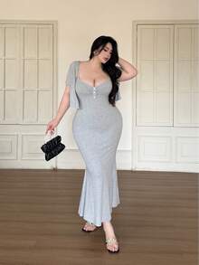 Vibekara Bộ đồ hai mảnh tối giản, gợi cảm màu xám dệt kim dành cho nữ, váy ôm sát cơ thể + áo khoác cardigan, trang phục sexy và sành điệu cho mùa hè. - Xám - Xem 1