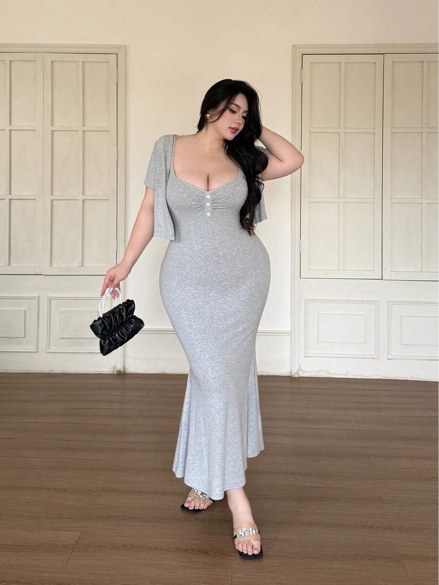 Vibekara Bộ đồ hai mảnh tối giản, gợi cảm màu xám dệt kim dành cho nữ, váy ôm sát cơ thể + áo khoác cardigan, trang phục sexy và sành điệu cho mùa hè. - Xám - Xem 1