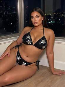 Swim SXY Bộ bikini hai mảnh họa tiết ngôi sao năm cánh đính sequin đen trắng gợi cảm lãng mạn kiểu dáng mùa hè 2026, thích hợp cho bãi biển, kỳ nghỉ, tiệc trà chiều, dã ngoại, tiệc tùng, hoạt động thường ngày và ngoài trời. - màu đen - Xem 5