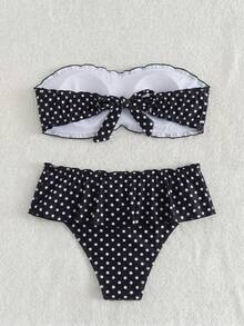Swim Mod 女士波点印花抹胸比基尼套装，低腰荷叶边裙裤，休闲度假泳装 - 彩色 - 查看 4