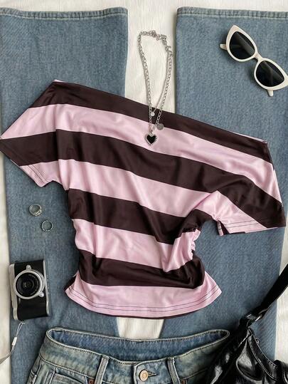SHEIN EZwear Striped Knit Off-Shoulder T-Shirt For Women,Summer Top