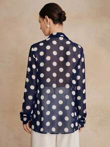 Anewsta Áo sơ mi dài tay bằng vải chiffon chấm bi kiểu Pháp cổ điển, thanh lịch, chất liệu cao cấp, đa năng, phù hợp cho công sở và du lịch. - Xanh đậm - Xem 7