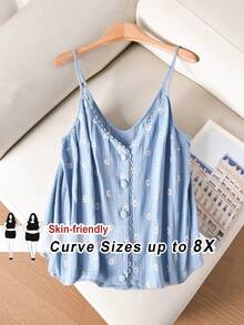 SHEIN CURVE+ Camiseta sin mangas con estampado de margaritas para mujer de talla grande - Azul - Ver 1