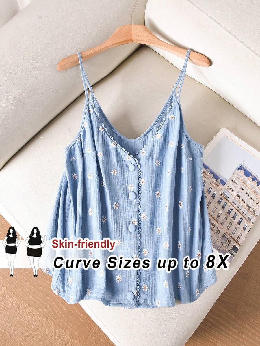 SHEIN CURVE+ Camiseta sin mangas con estampado de margaritas para mujer de talla grande - Azul - Ver 1