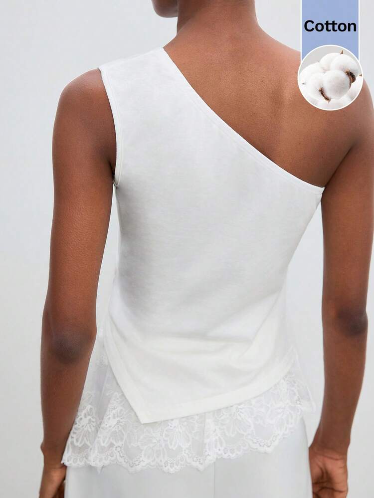SHEIN Maija White Elegant Summmer Date Women's Lace Patchwork One Shoulder Top,Casual Versatile Cotton Stretch Blouse,Vacation Beach Holiday Festival Outfits