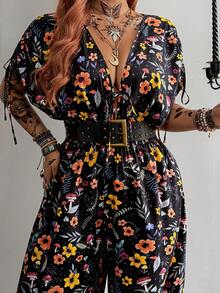 Whyspr Plus Size Women's Black Digital Floral Print Drawstring Shoulder Jumpsuits - Black - View 6