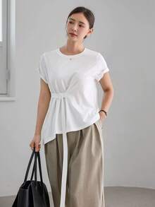 Dazy-Less Camiseta blanca holgada con lazo en la cintura para uso diario - Blanco - Ver 4