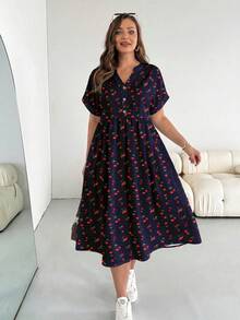 EMERY ROSE Elegant Minimalist Cherry Print Plus Size Women's Short Sleeve Casual Dress, Suitable For Spring And Summer, Navy Blue Dress - Multicolor - View 4