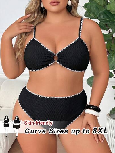 SHEIN CURVE+ Conjunto de bikini y calzoncillos triangulares de color block para mujer de talla grande para la playa de verano