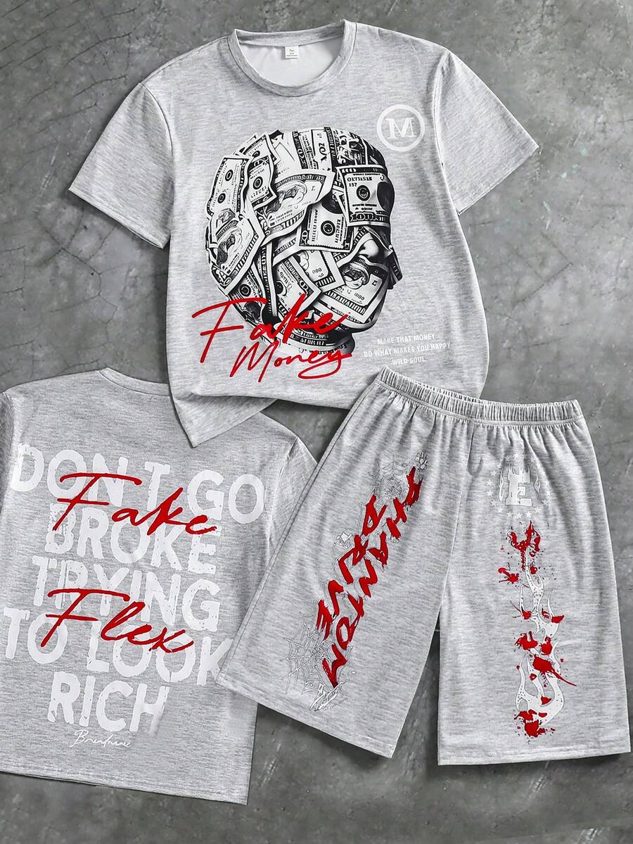SHEIN Streecool Kids 2件套休闲简约青少年男童短袖圆领T恤+裤子套装,夏季Y2K风格骷髅印花短袖街头时尚T恤,青少年男童服装 - 灰色 - 查看 1