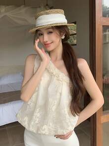 DAZY 女士春夏印花衬衫，不对称肩领设计，休闲度假海滩风，优雅短袖衬衫，Y2K风格 - 白色 - 查看 1