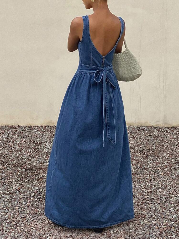 Cotton Square Neck Sleeveless Cinched Waist Denim Dress, Suitable For Party, Beach, Holiday, Summer