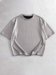 NORVETH Camiseta de manga corta con cuello redondo de PU casual y versátil para hombres - Plateado - Ver 5