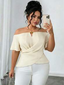 INAWLY Plus Size Women Solid Color Off-Shoulder Ruched Casual Versatile Daily Wear Top - Apricot - View 6