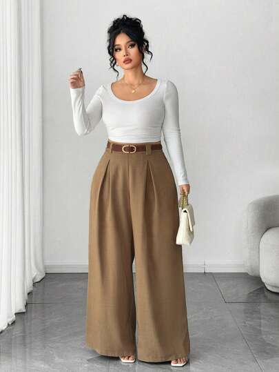 SHEIN PETITE CURVE Women's Summer New Brown Pleated Front Wide Leg Pants, Fashionable And Elegant