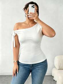 Elenzga Camiseta ajustada de mujer talla grande de unicolor y cuello asimétrico, para verano - Blanco - Ver 4