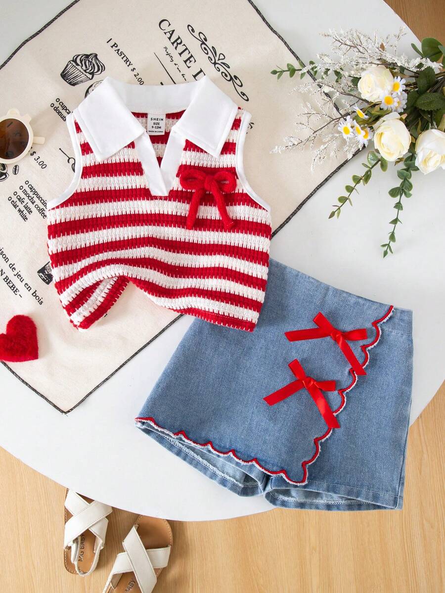 SHEIN Playful Pals 2件組女嬰紅白條紋無袖蝴蝶結刺繡V領背心上衣搭配水洗藍裙褲可愛夏季日套裝 - 紅色 - 查看 1