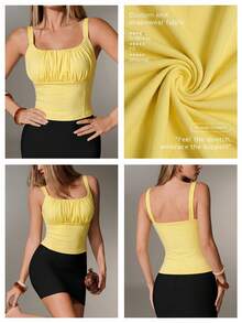 Nuvra Top corto con busto fruncido de doble capa y cuello cuadrado, camiseta sin mangas ajustada que moldea la cintura para mujer - Amarillo claro - Ver 9