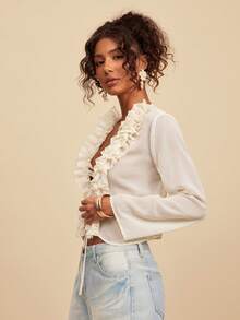 Travachic Áo kiểu nữ bằng vải chiffon Pháp, hơi xuyên thấu, cổ chữ V, buộc dây phía trước, có bèo nhún. - Màu be - Xem 6