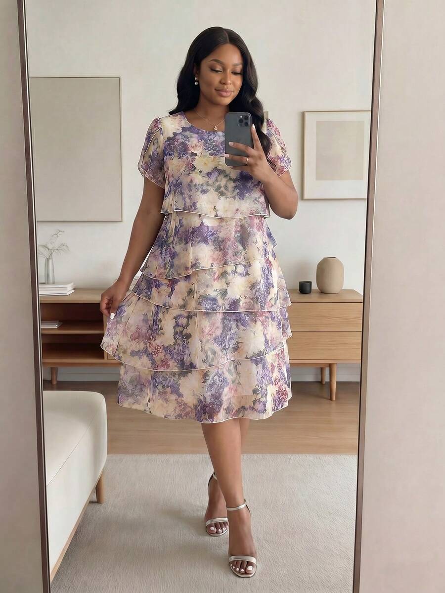 SHEIN Lady CURVE 大码女式碎花圆领荷叶袖时尚连衣裙 - 彩色 - 查看 1