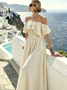 SHEIN Holidaya Vestido casual de primavera/verano para vacaciones de mujer, con un tirante, ribete de volantes, tela texturizada, vestido entallado en la cintura con silueta evasé - Albaricoque - Ver 3