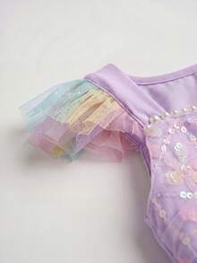 SHEIN Glamorique Kids 小女孩公主裙，吊带荷叶袖，紫色，亮片，奢华派对礼服，珍珠缎带，手工缝制白色珍珠，彩色薄纱裙，生日派对，婚礼，节日 - 紫色 - 查看 6