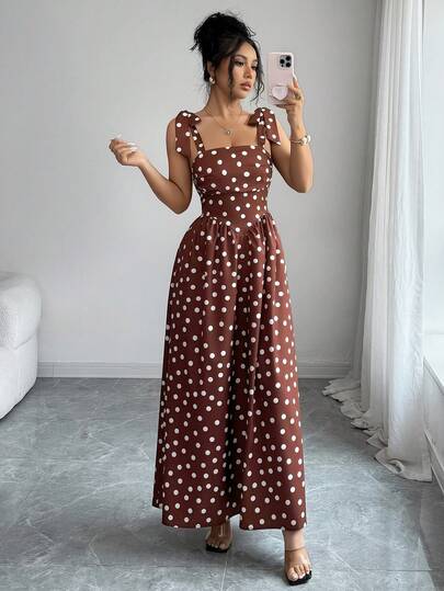 Rafferiza Women's Fashionable Elegant Vacation Spaghetti Strap Tie Bow Split Hem Polka Dot Print Dress, Polka Dot Dress, Printed Dress, Spaghetti Strap Dress, Vacation Dress, Commute & Outing Dress