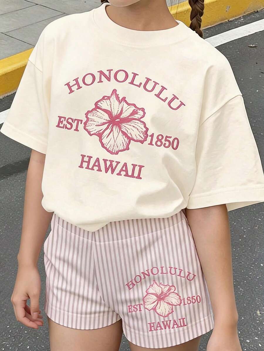 青少年女孩夏威夷木槿花與字母印花寬鬆T恤短褲兩件套,夏季街頭風度假休閒短袖套裝 - 彩色 - 查看 1