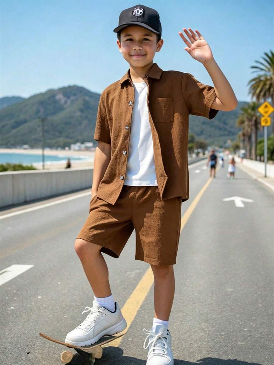SHEIN Tween Boy's 2-Piece Summer Outfit Set, Brown Textured Linen-Look Short Sleeve Button Down Shirt And Casual Shorts, Kids Vacation Holiday 8-12 Years - Mocha Brown - View 1