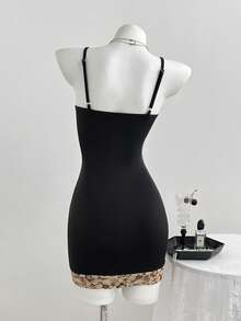 Elamini Women's Summer Lace Patchwork Retro Tie-Waist Mini Dress, Sexy, Elegant, Versatile - Black - View 2