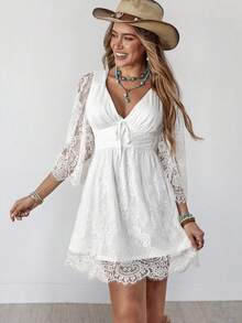 Wildy Robe d'été de base à taille cintrée, style bohème, patchwork de dentelle, pour festival de musique country western - Blanc - Voir 5