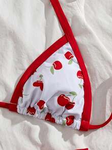 Bonvoyette New Cherry Print Contrast Trim Bikini, Sexy Backless Beach Holiday Swimsuit 2 Pieces Set, Spring/Summer - Multicolor - View 4
