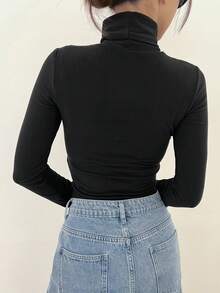 DAZY Solid High Neck Tee Long Sleeve Women Tops - Black - View 2