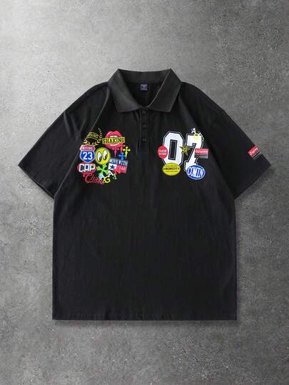 ROMWE MEN Men's Letter & Number Print Casual Versatile Commuting Short Sleeve Polo Shirt