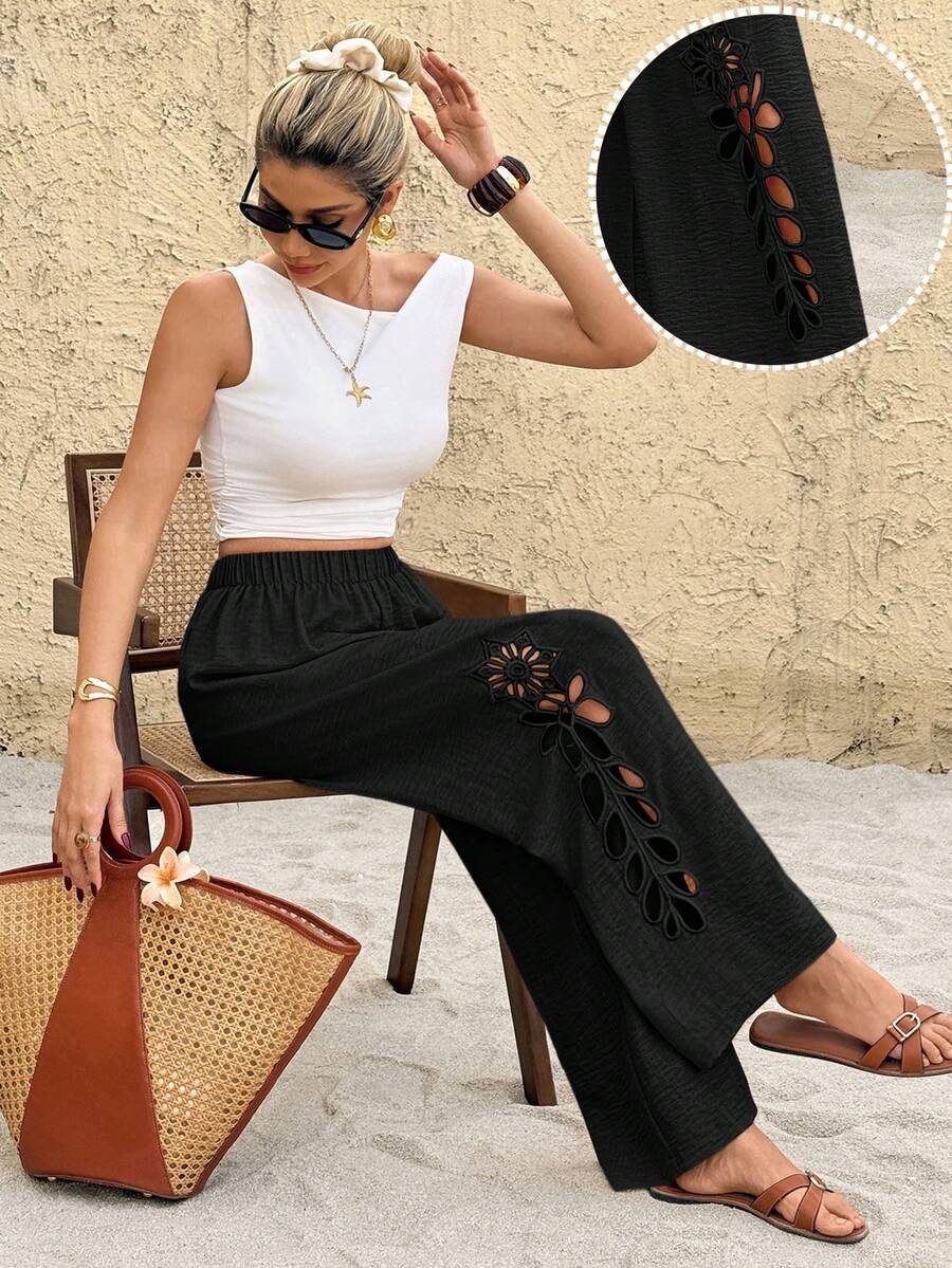 SHEIN Frenchy Quần nữ thời trang đa năng thêu họa tiết khoét lỗ, thích hợp cho kỳ nghỉ. - màu đen - Xem 1