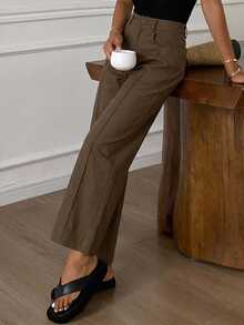 Women's Loose-Fitting Flared Pants With Pockets, Casual Solid Color Street Style Pants For Autumn - 棕色 - 查看 5