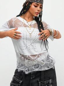Gowayae Gowayae Élégant T-shirt décontracté de sport de rue en jacquard et dentelle, convenant pour le shopping, l'exploration de magasins, les sorties quotidiennes, les festivals de musique, les spectacles en direct, les rassemblements, la photographie, les enregistrements pour les médias sociaux, les réunions entre amis, les anniversaires, les fêtes décontractées, les défilés de mode, les événements de boutique, les expositions de mode, le fitness, les sports de rue et d'autres occasions polyvalentes - Blanc - Voir 3