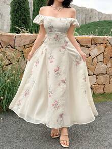Feyla Vestido de mujer con estampado floral elegante, hombros descubiertos y mangas con volantes - Multicolor - Ver 5