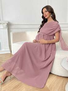 SHEIN Maternity Solid Color Pleated Casual Vacation Dress - Dusty Pink - View 8