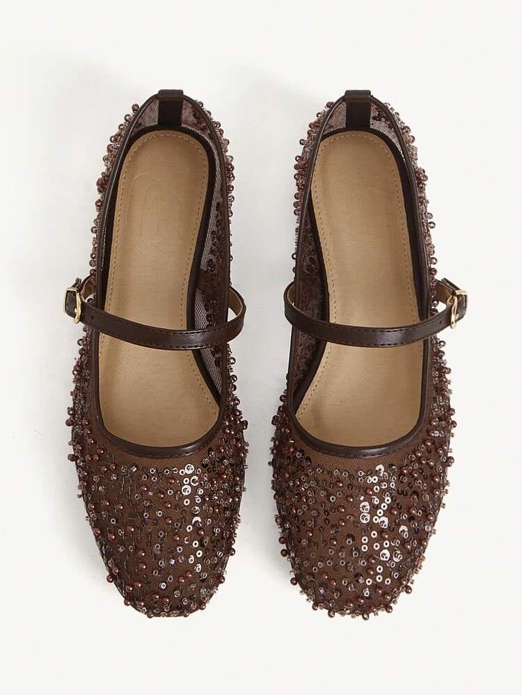 CUCCOO CHICEST Spring And Summer New Round Head Flat Bottom Brown Sequined Pearl Mesh Women's Flat Sole Shoes Fashionable Elegant Comfortable Gorgeous Wedding Banquet Women's Shoes Mary Jane Flats
