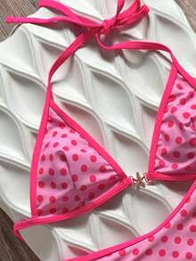 Swim Mod Spring/Summer Solid Color Triangle Wireless Halter Backless Top And Swim Shorts Women Sexy Bikini Set For Beach Vacation - Watermelon Pink - View 4