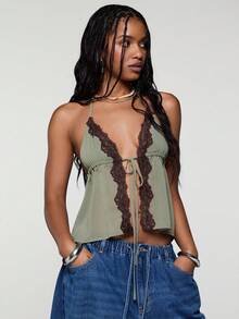 COUREZ Halter Cami Top With Lace / Y2K Summer Outfits For Women Sleeveless Tops Green Tops Going Out Outfits Party Outfits Festival Outfits Summer Tops Spring Outfits For Women Summer Clothes For Women - Army Green - View 5