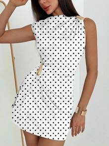 Aloruh Women's Polka Dot Print Metal Decor Ruched Hem Mini Skirt,Dresses For Women Summer - Black and White - View 5