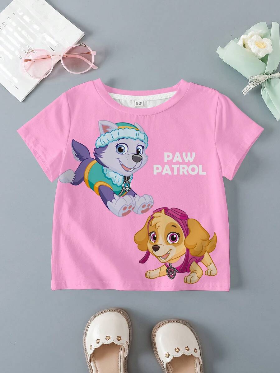 SHEIN | PAW Patrol Áo thun ngắn tay cổ tròn in hình chó dễ thương dành cho bé gái, thích hợp mặc mùa hè. - trắng - Xem 1